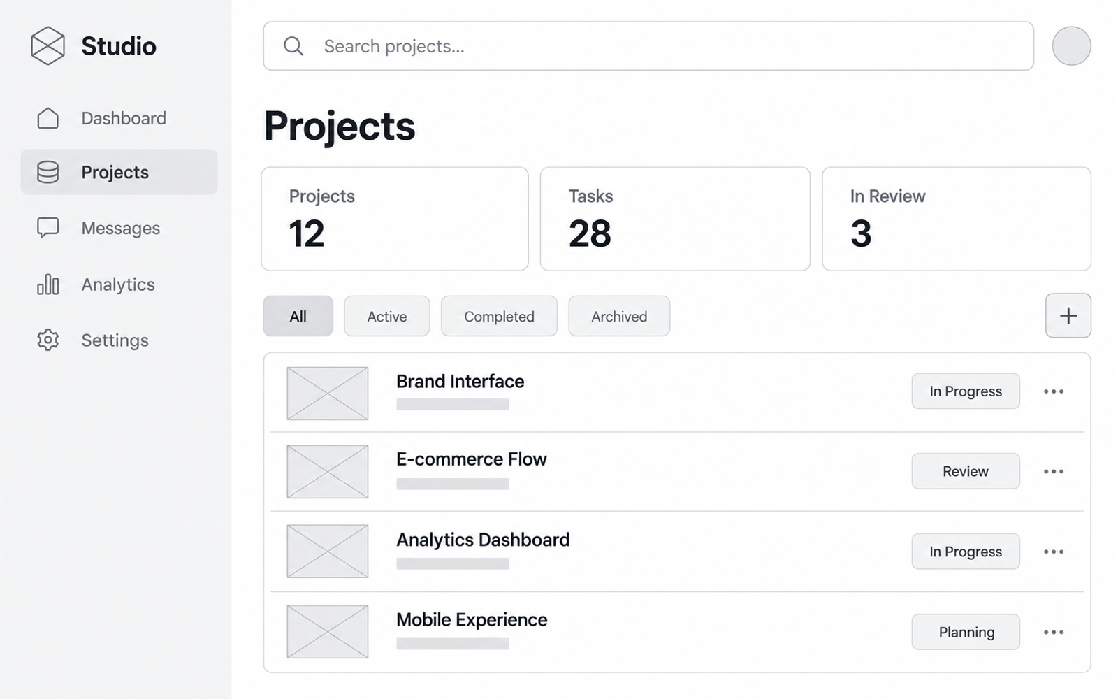 Review the layout first. The dashboard wireframe maps out navigation, key figures and project lists, making the screen structure visible before visual styling is added.