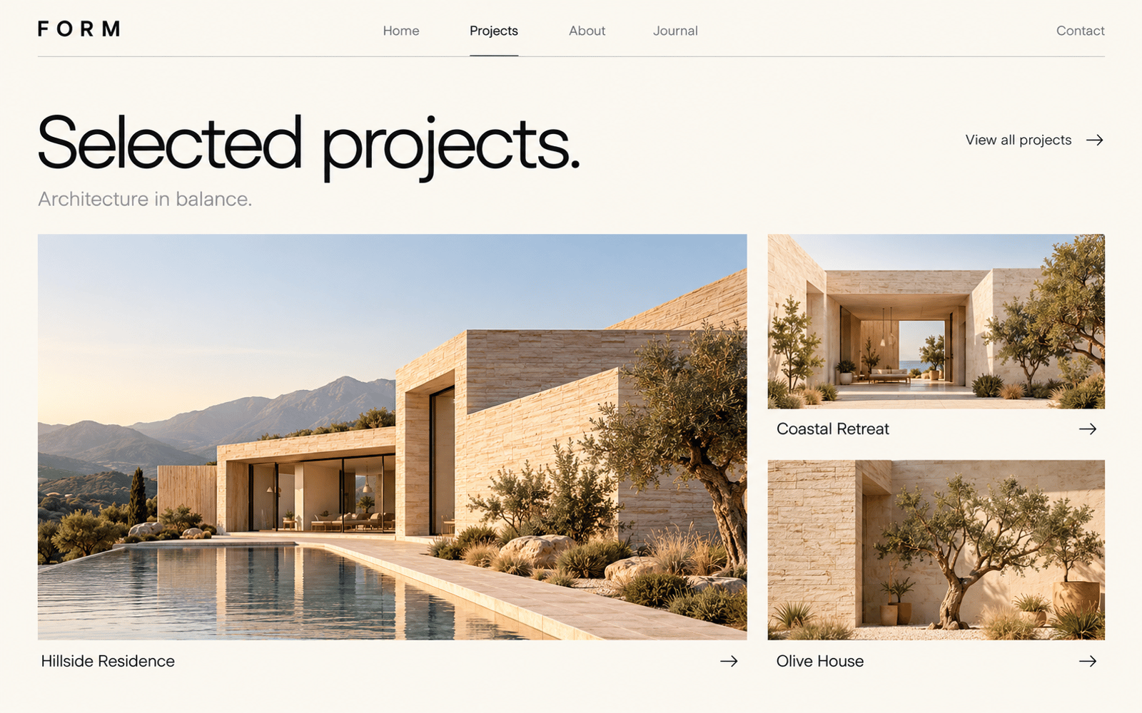 FORM architecture website concept showing a large project image beside two smaller previews.
