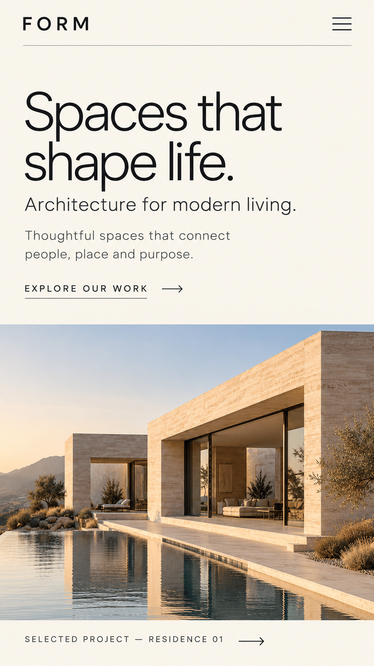 FORM mobile homepage concept with a large heading above a house and pool image.