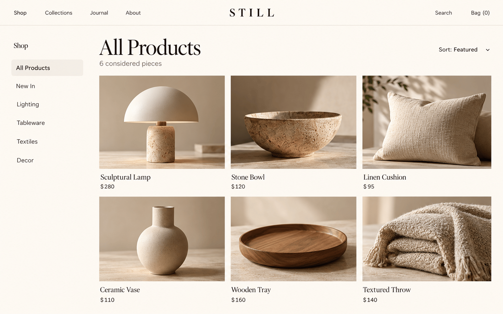 STILL collection page concept with category navigation and a grid of home decor products showing names and prices.
