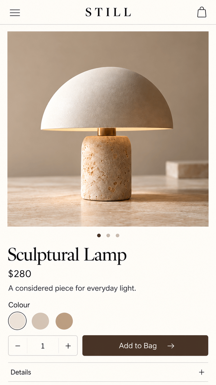 STILL mobile product page concept showing a table lamp, price, colour choices, quantity controls and an add-to-bag button.