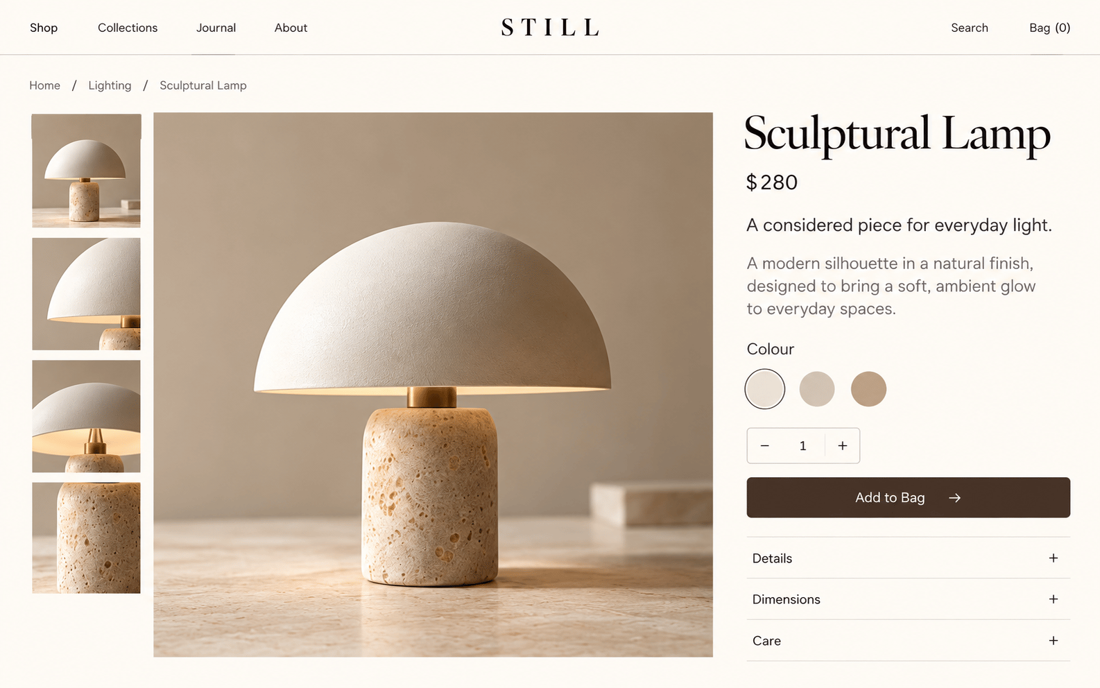 STILL product page concept showing a table lamp, image thumbnails, price, colour choices and an add-to-bag button.